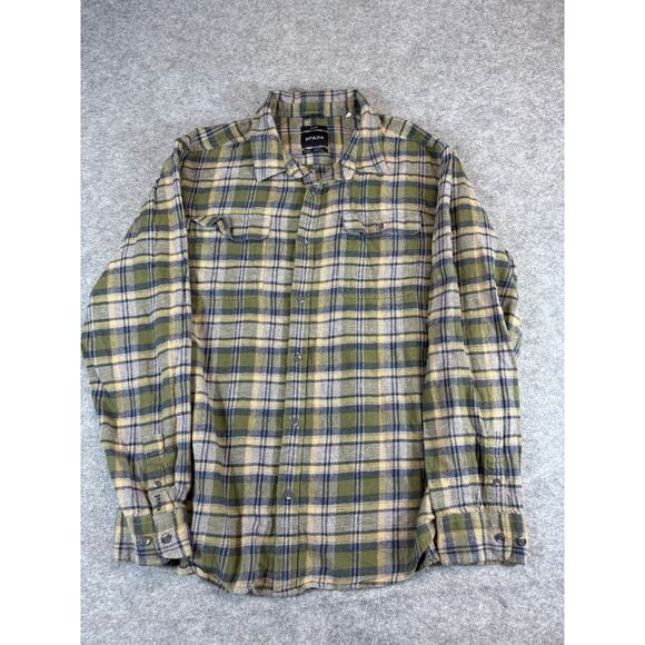 Prana Flannel Plaid Button Up Shirt Shacket Mens XL Green Slim Casual Workwear - Picture 1 of 4